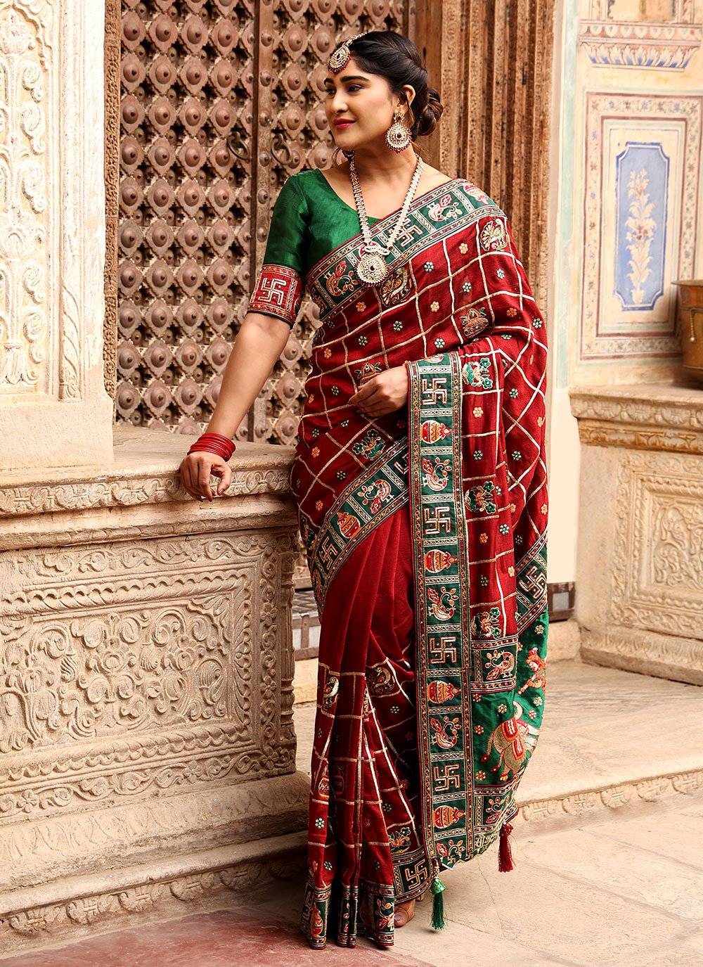 Contemporary Silk Red Diamond Saree