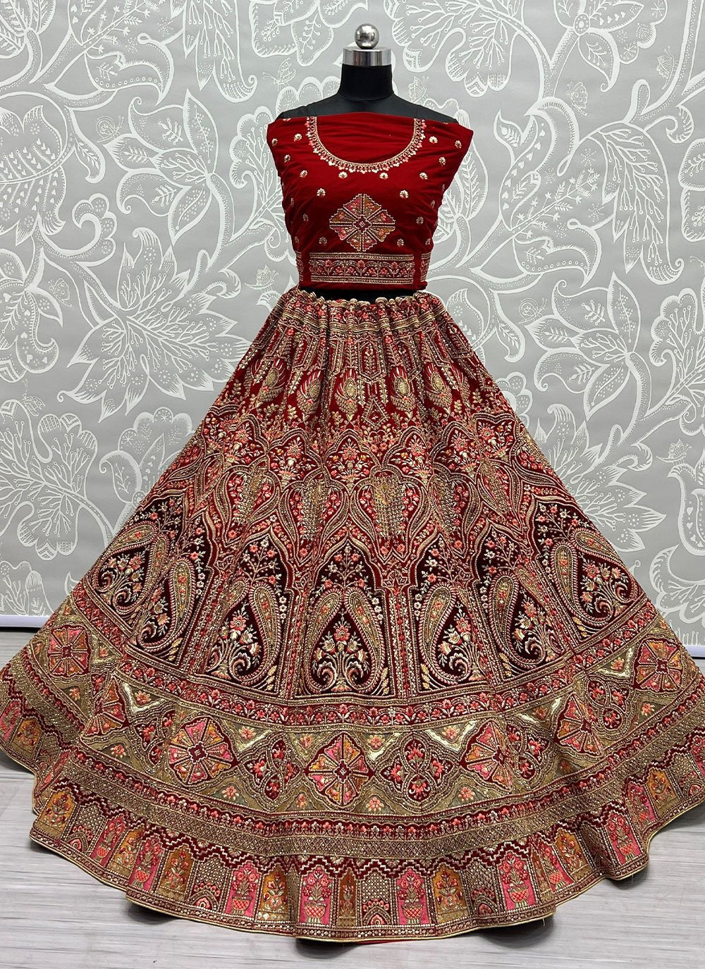 Lehenga Choli Velvet Red Diamond Lehenga Choli