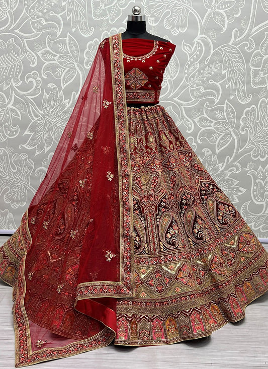 Lehenga Choli Velvet Red Diamond Lehenga Choli