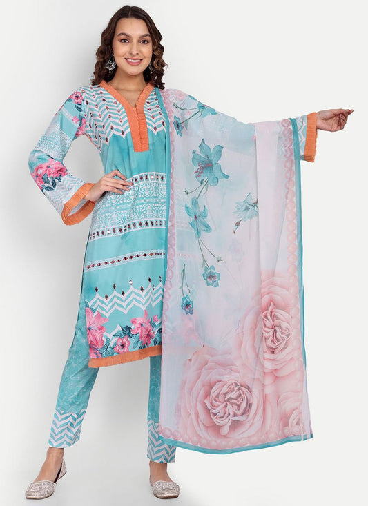 Salwar Suit Muslin Aqua Blue Digital Print Salwar Kameez