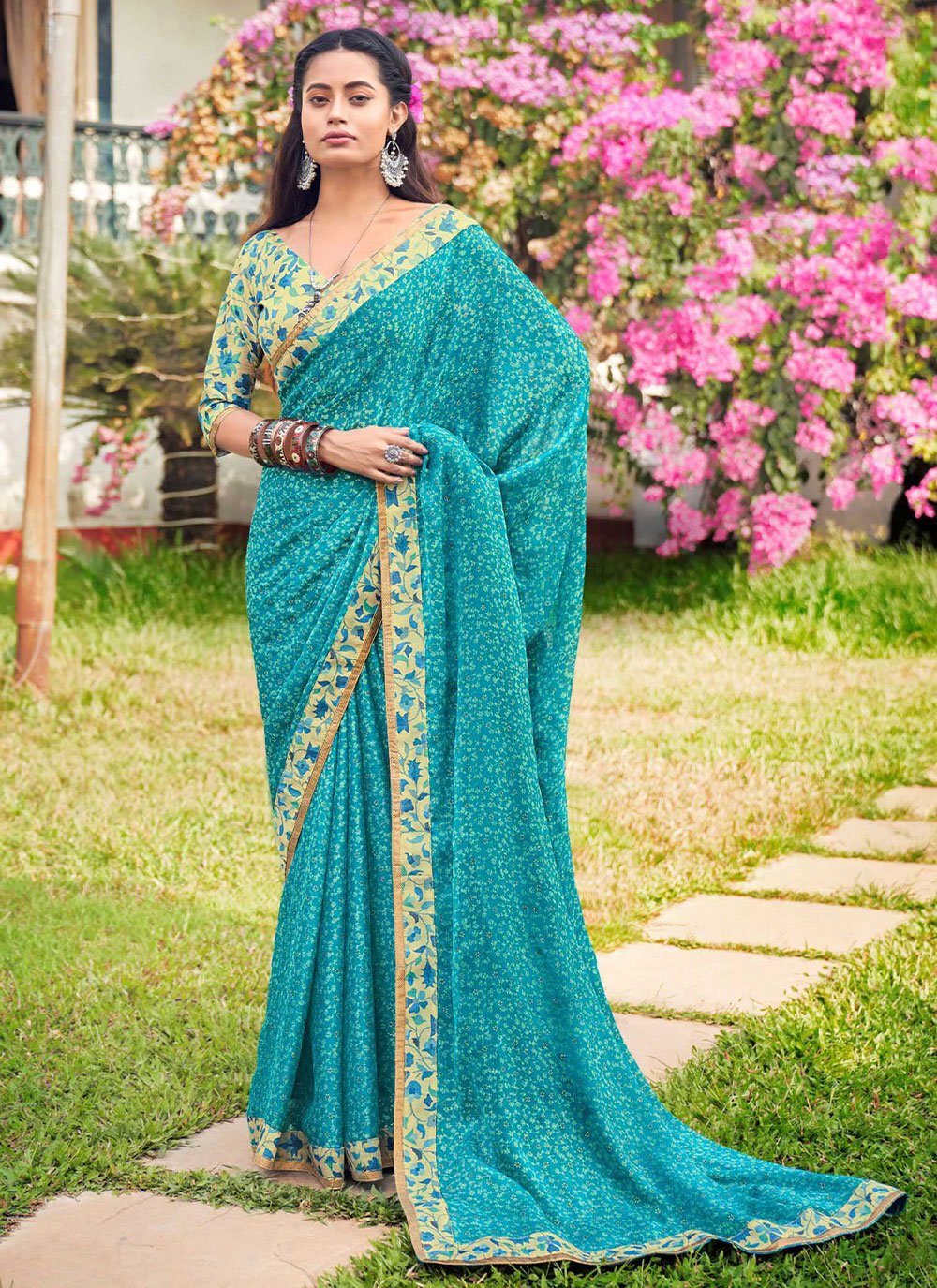 Classic Banarasi Silk Aqua Blue Digital Print Saree