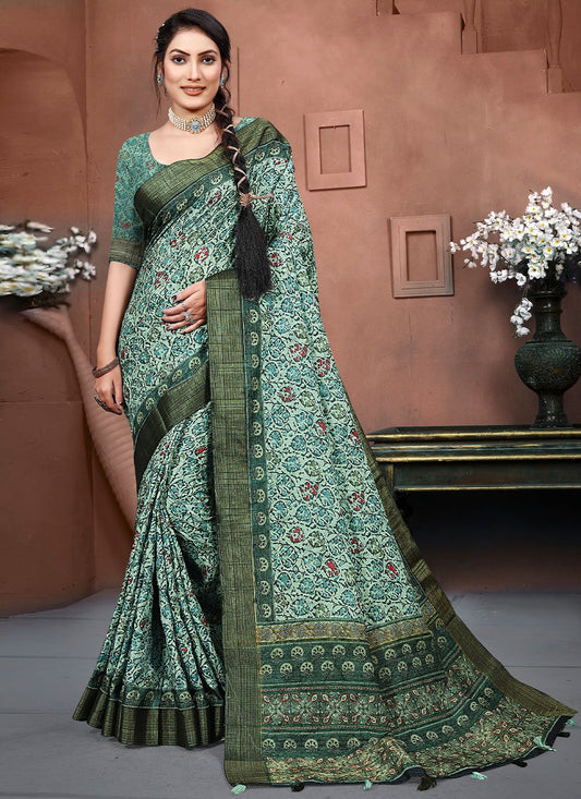 Contemporary Banarasi Silk Green Digital Print Saree