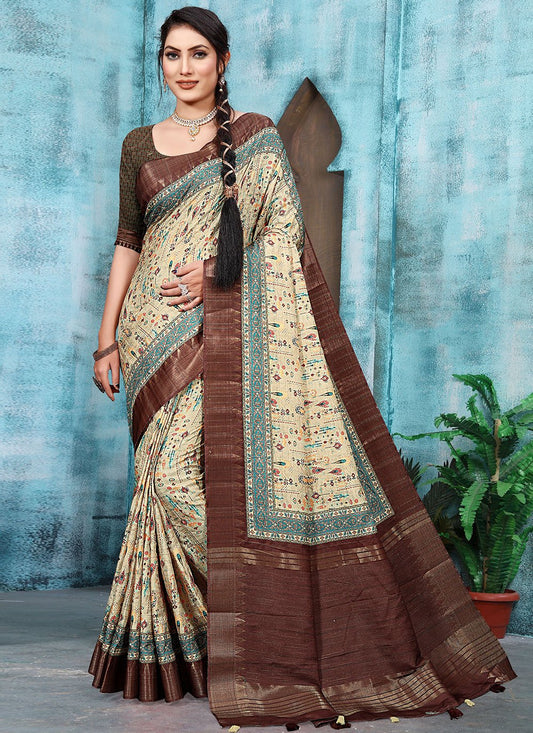 Trendy Saree Banarasi Silk Brown Green Digital Print Saree