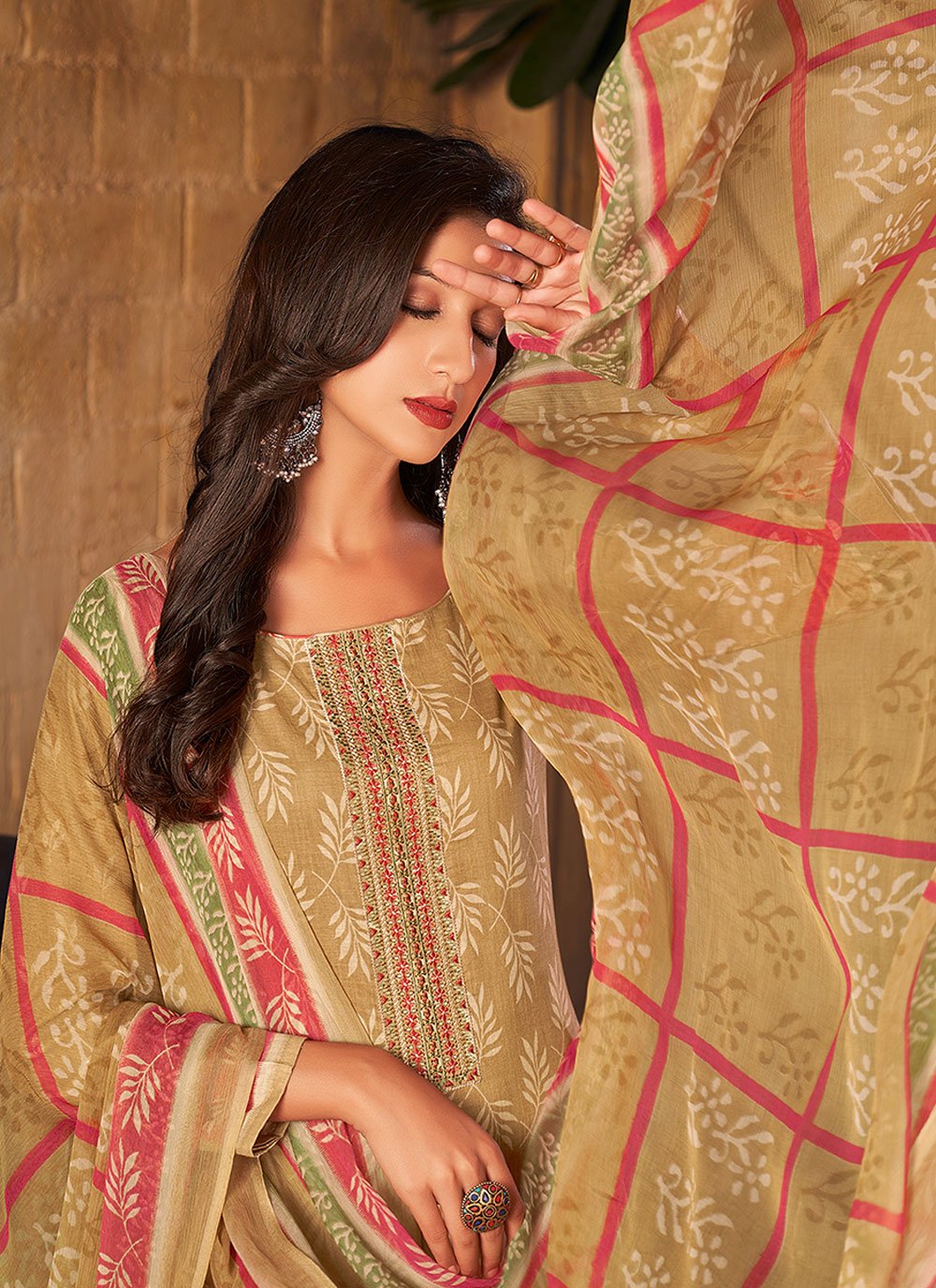 Straight Salwar Suit Pashmina Beige Digital Print Salwar Kameez