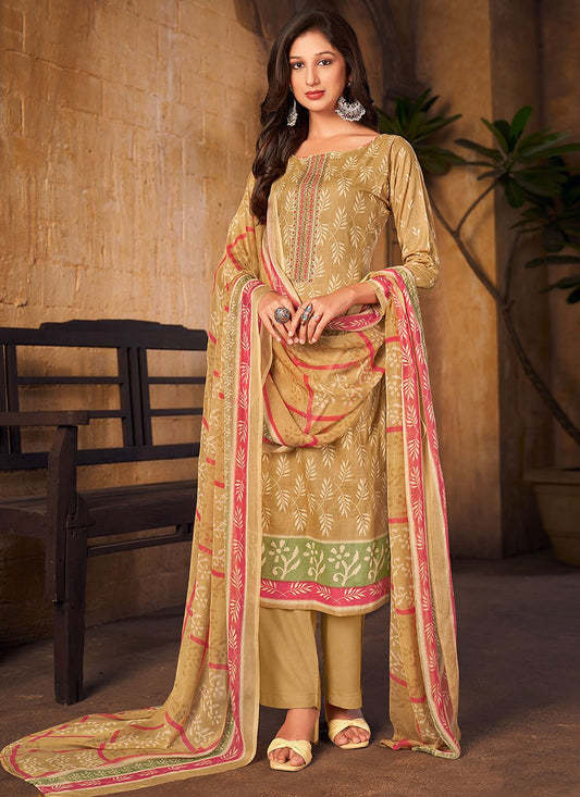 Straight Salwar Suit Pashmina Beige Digital Print Salwar Kameez