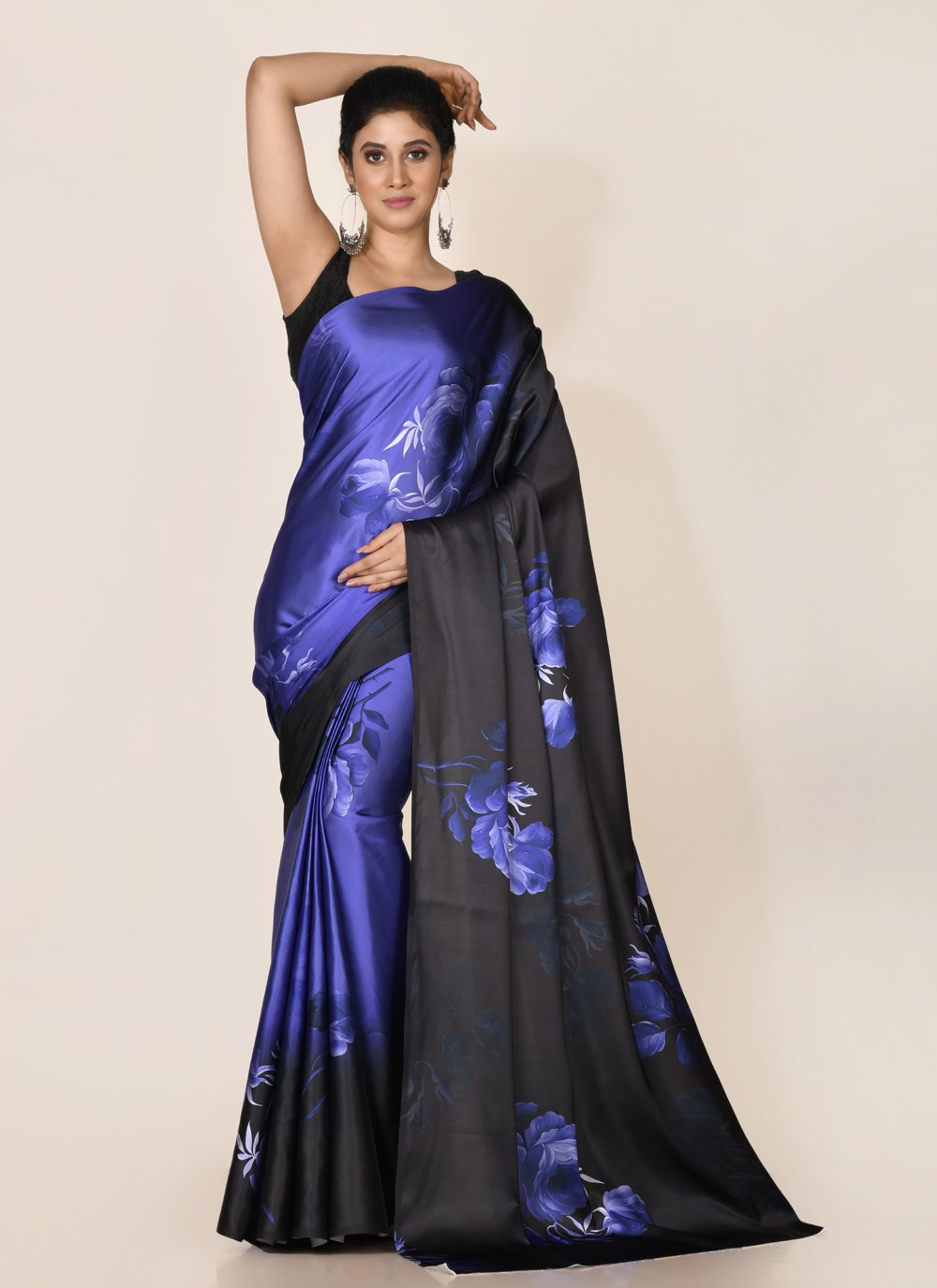 Designer Satin Black Violet Digital Print Saree