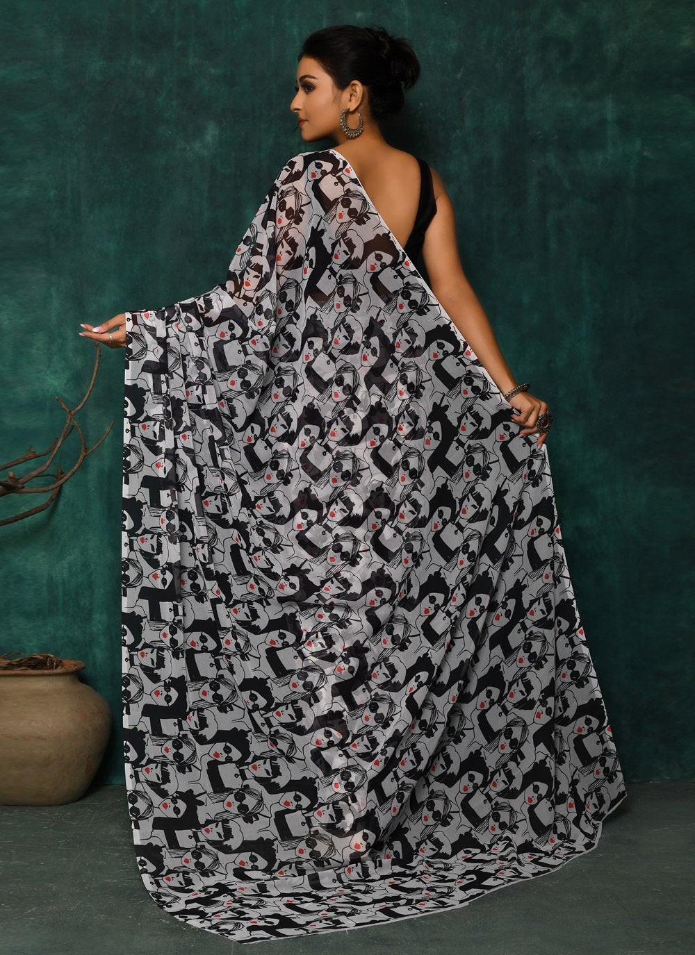 Designer Faux Georgette Black Digital Print Saree