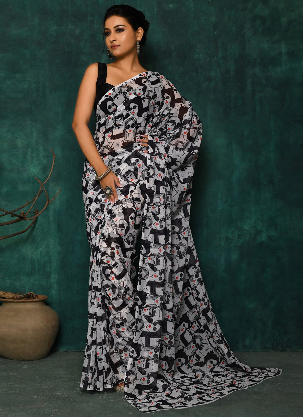 Designer Faux Georgette Black Digital Print Saree