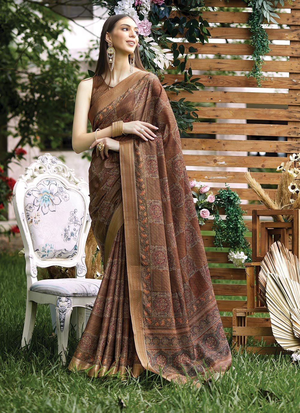 Classic Silk Brown Digital Print Saree