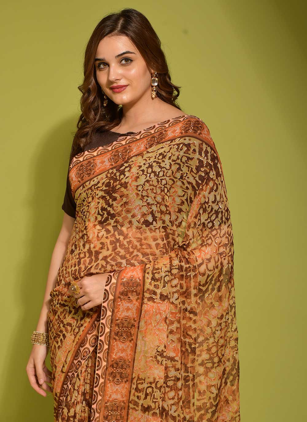 Classic Georgette Brown Digital Print Saree