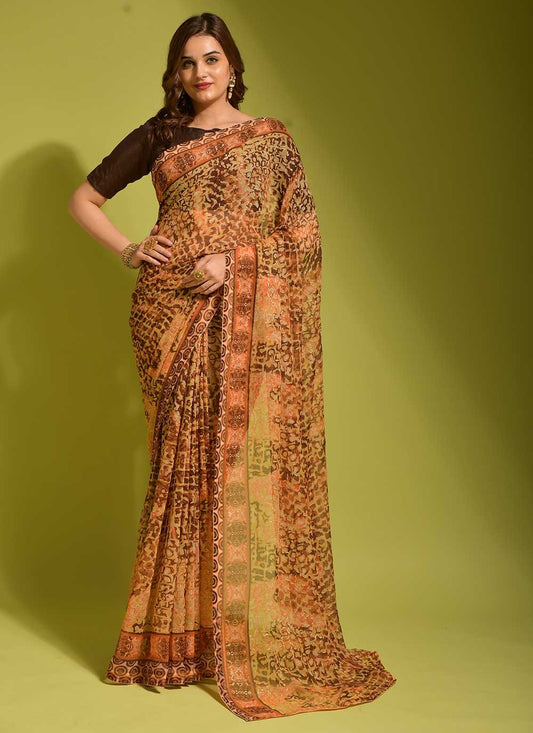 Classic Georgette Brown Digital Print Saree