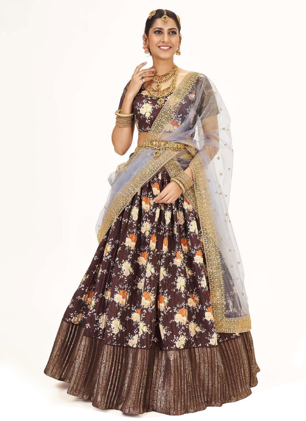 Lehenga Choli Silk Brown Digital Print Lehenga Choli