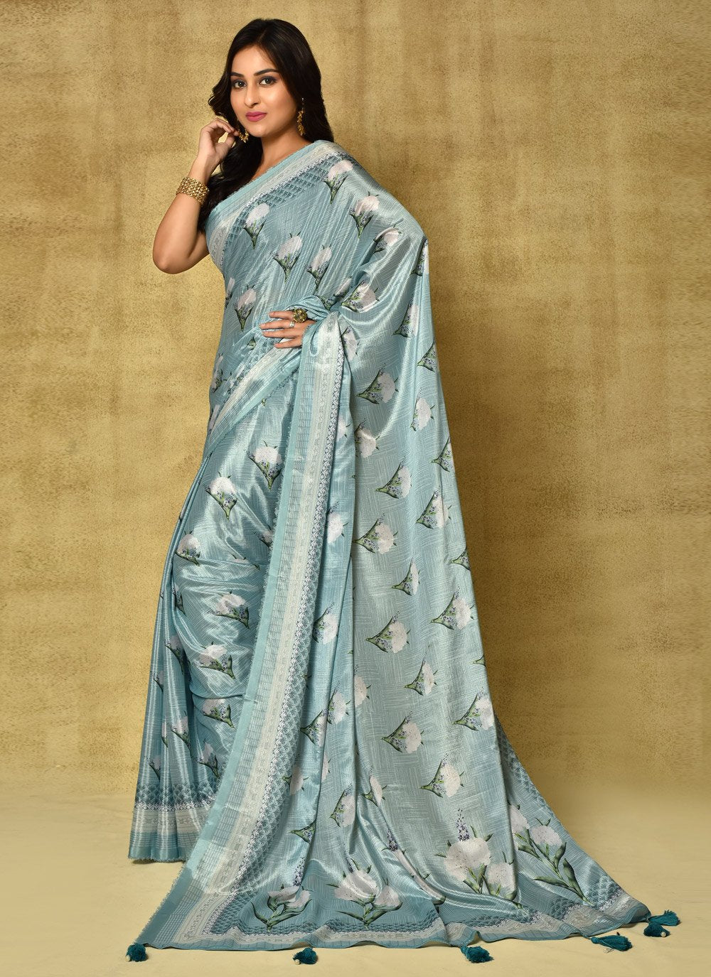 Designer Chinon Green Digital Print Saree