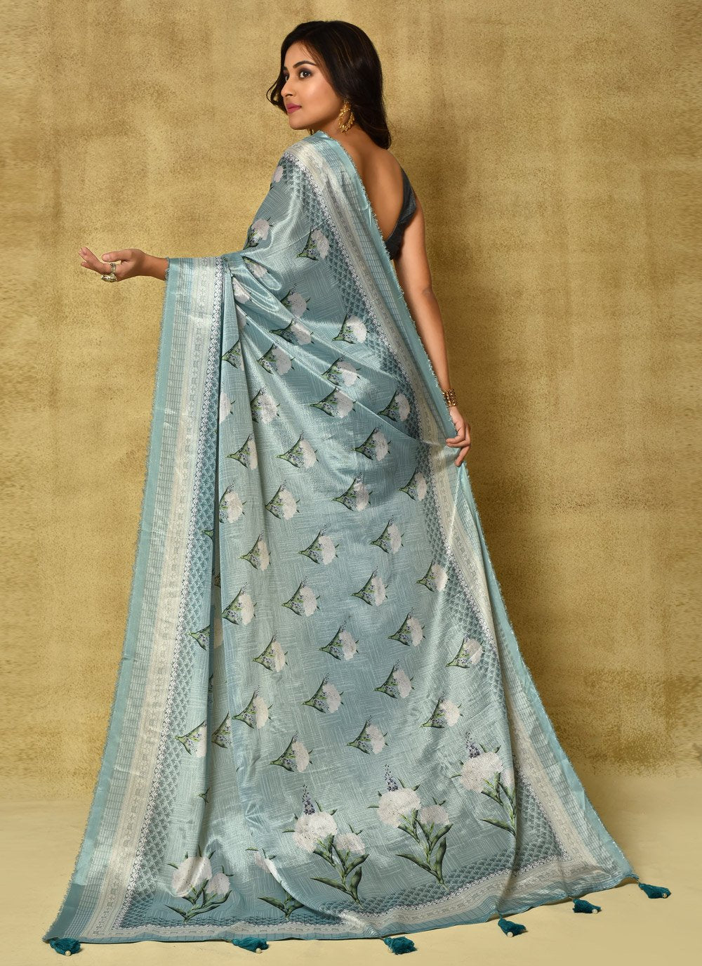 Designer Chinon Green Digital Print Saree