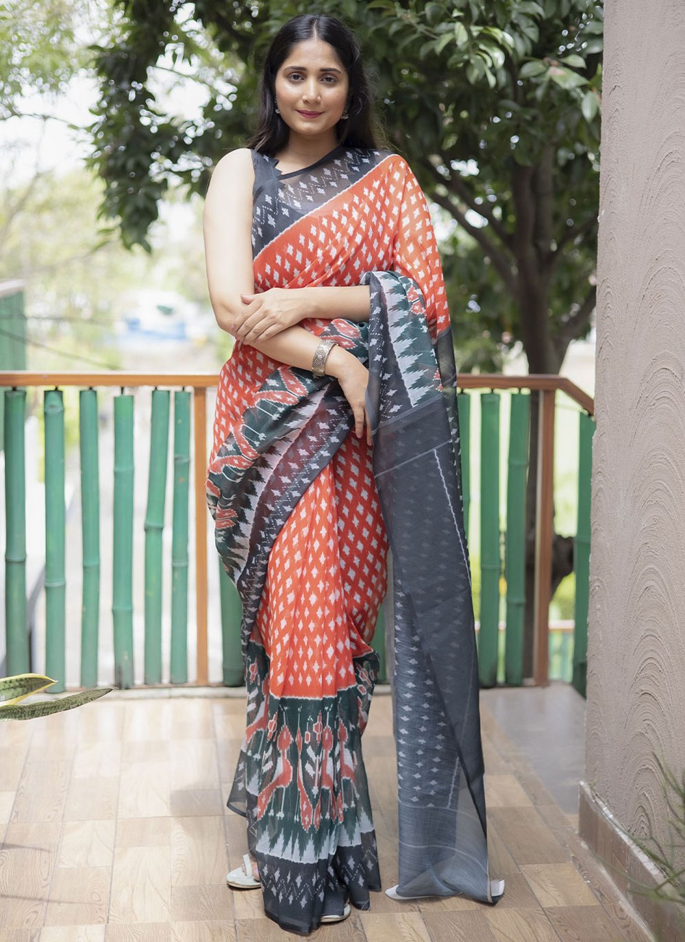 Classic Cotton Orange Digital Print Saree