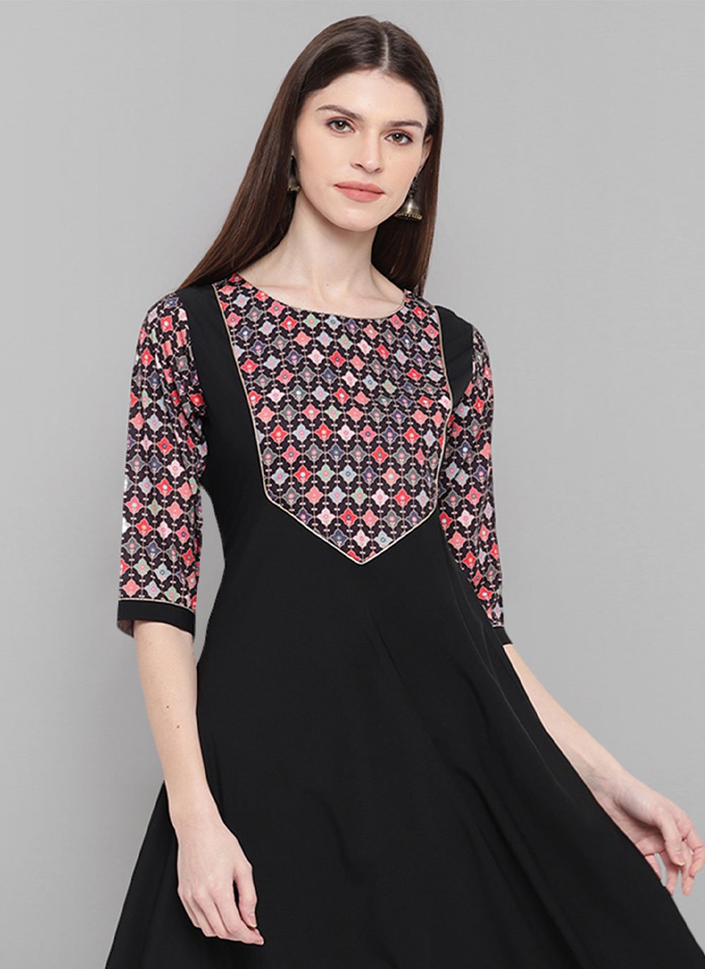 Party Wear Kurti Faux Crepe Black Digital Print Kurtis