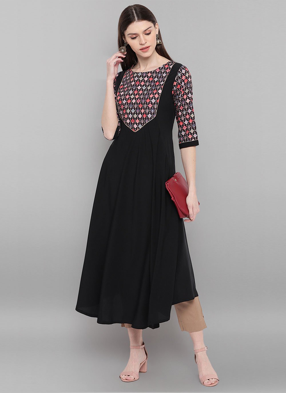 Party Wear Kurti Faux Crepe Black Digital Print Kurtis