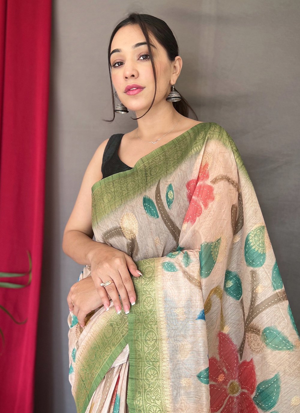 Classic Chanderi Green Off White Digital Print Saree