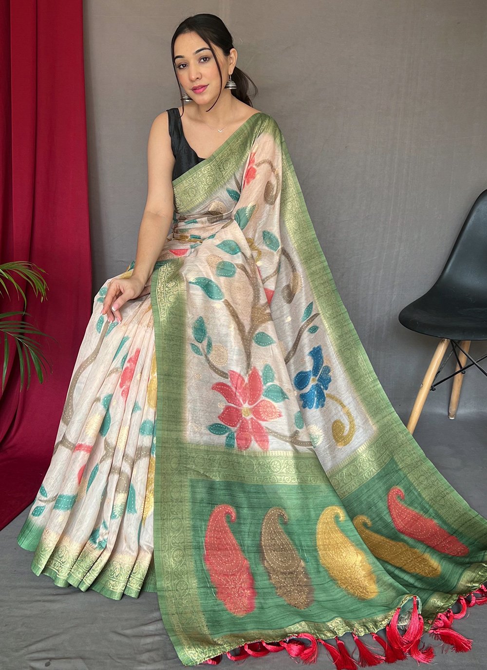 Classic Chanderi Green Off White Digital Print Saree