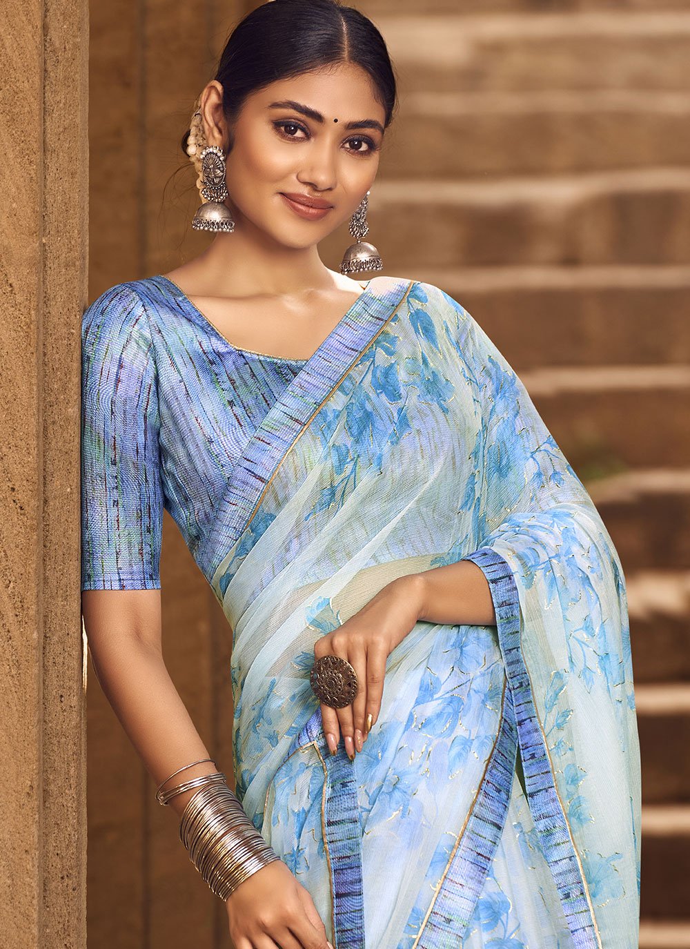 Contemporary Chiffon Aqua Blue Digital Print Saree