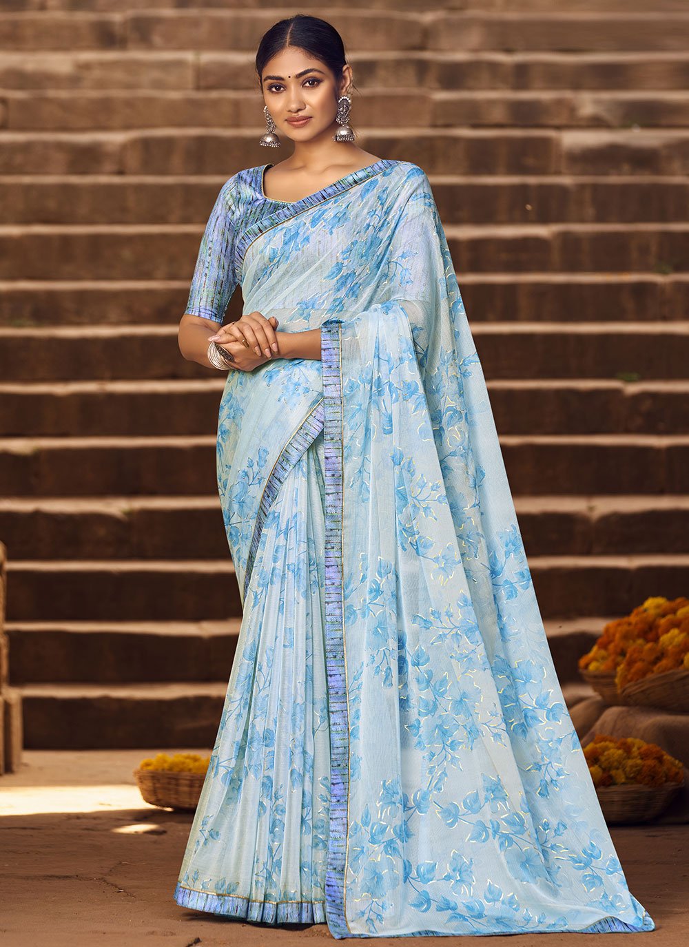 Contemporary Chiffon Aqua Blue Digital Print Saree