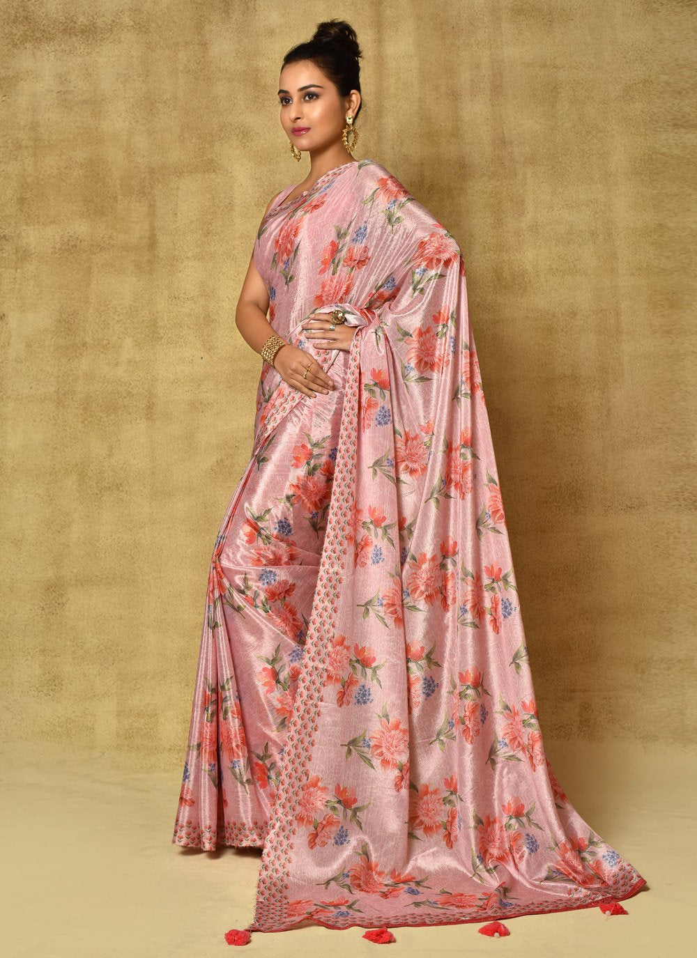 Designer Chinon Pink Digital Print Saree