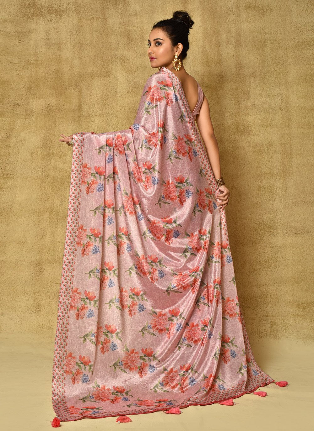 Designer Chinon Pink Digital Print Saree