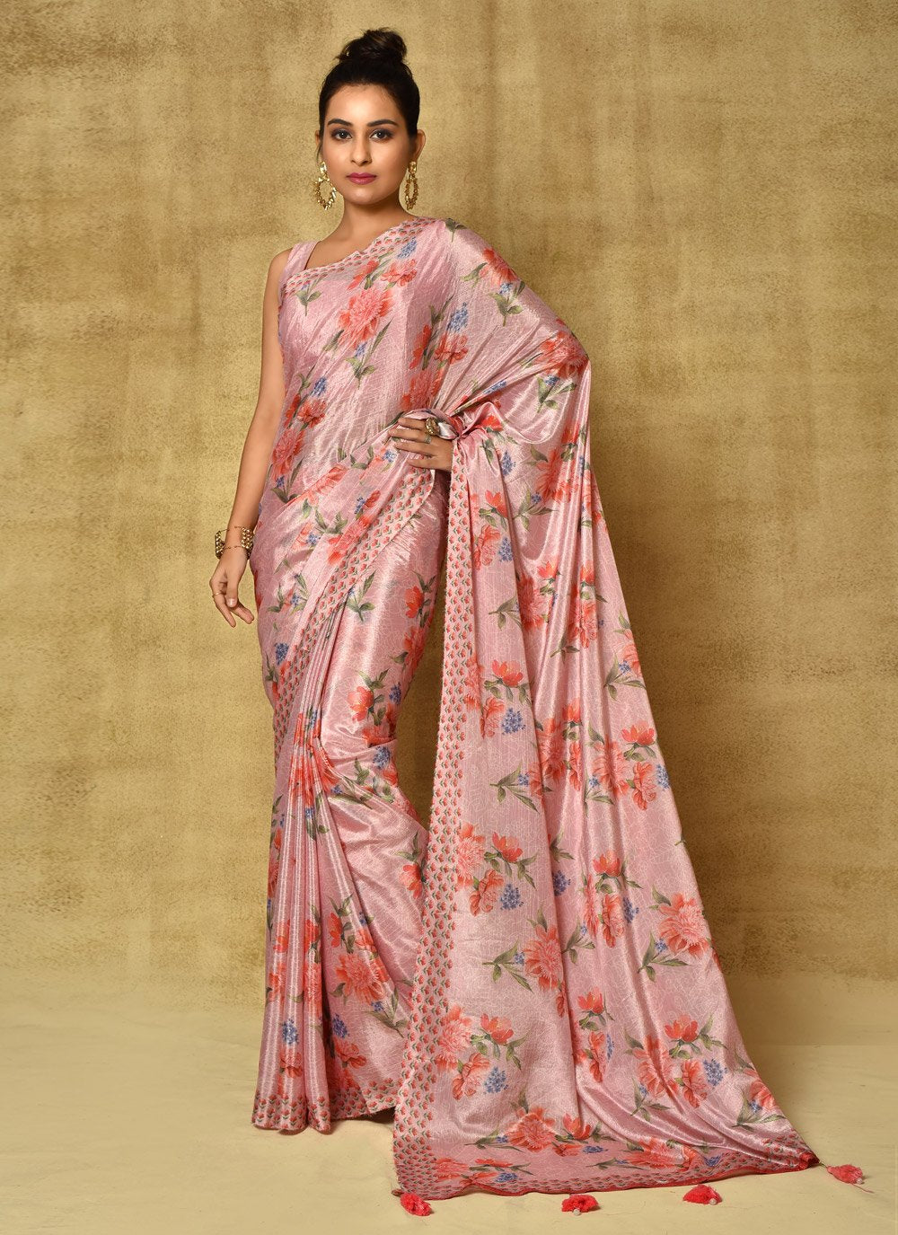 Designer Chinon Pink Digital Print Saree