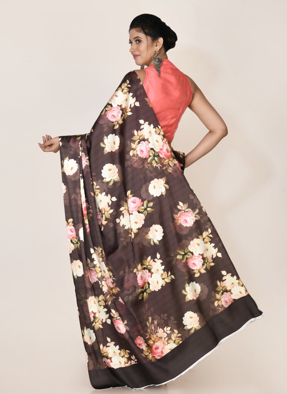 Designer Satin Brown Digital Print Saree