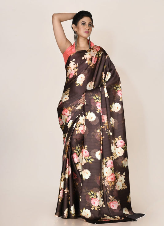 Designer Satin Brown Digital Print Saree