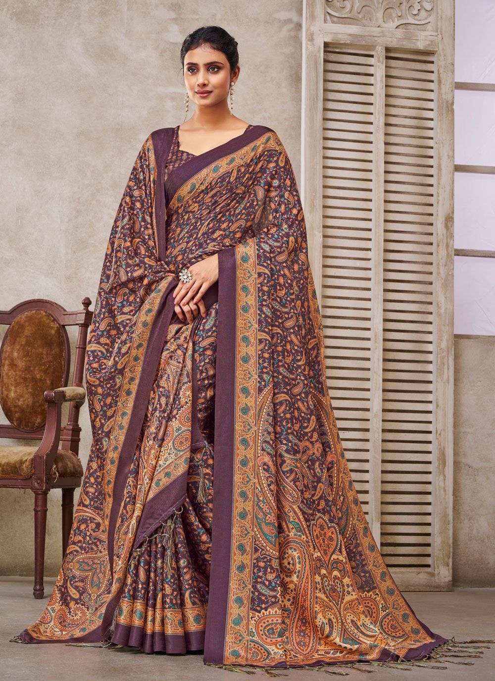 Designer Crepe Silk Burgundy Digital Print Saree