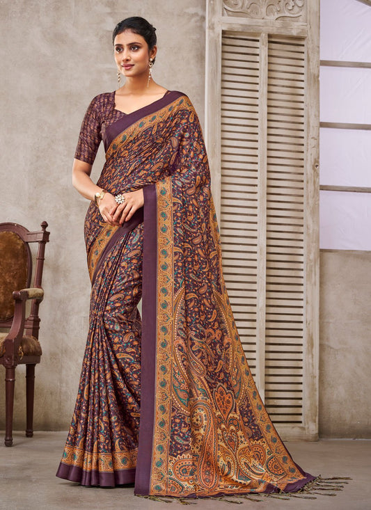 Designer Crepe Silk Burgundy Digital Print Saree