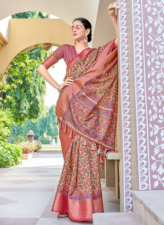 Designer Silk Cream Digital Print Saree