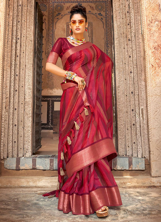 Classic Cotton Linen Maroon Digital Print Saree