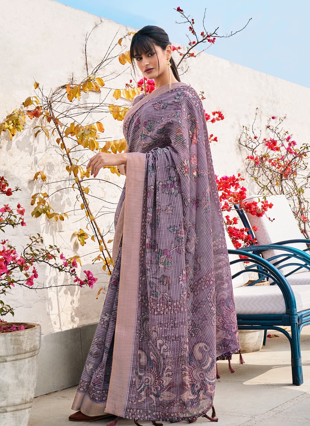 Classic Linen Lavender Digital Print Saree