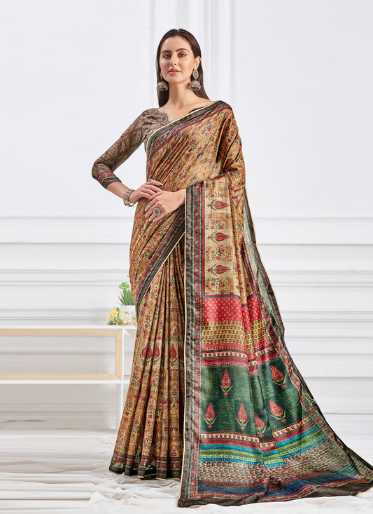 Contemporary Faux Crepe Beige Digital Print Saree