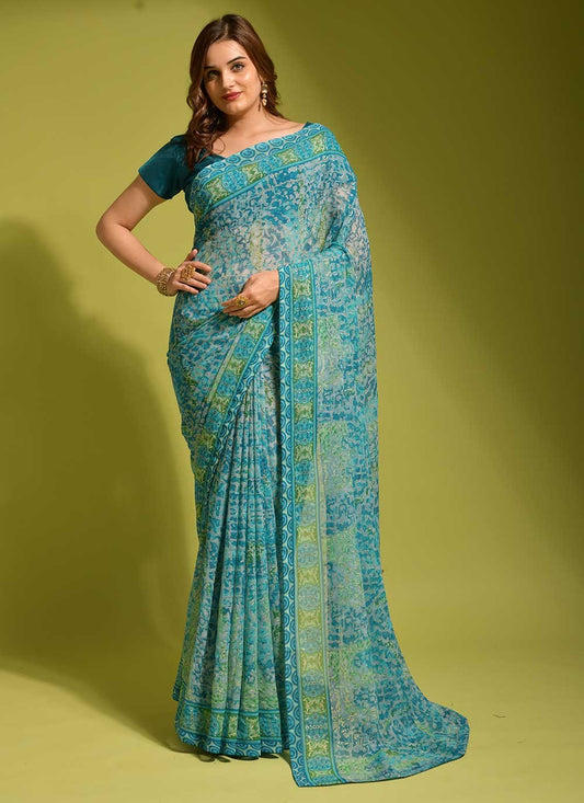 Contemporary Georgette Blue Digital Print Saree