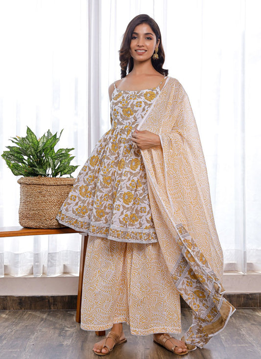 Palazzo Salwar Suit Cotton Cream Digital Print Salwar Kameez