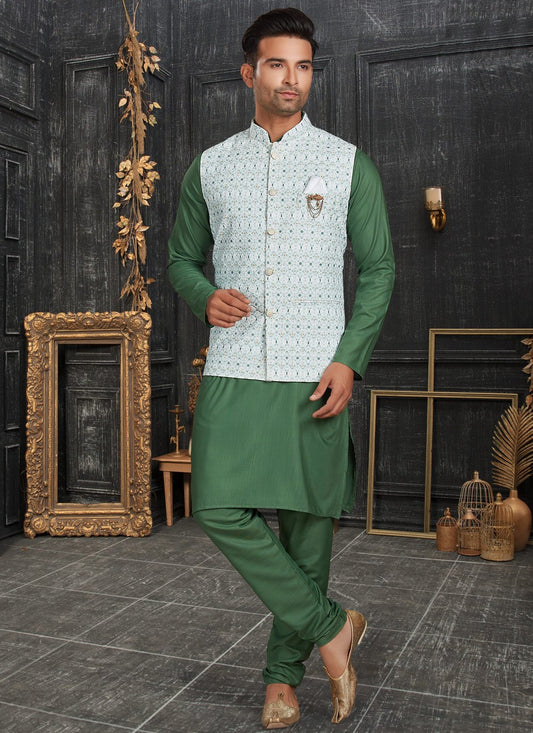 Kurta Payjama With Jacket Cotton Green Off White Chicken Mens