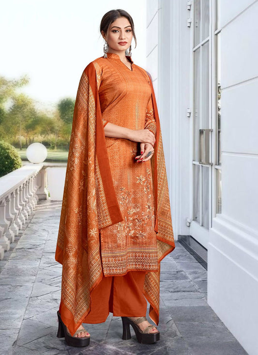 Palazzo Salwar Suit Cotton Orange Digital Print Salwar Kameez