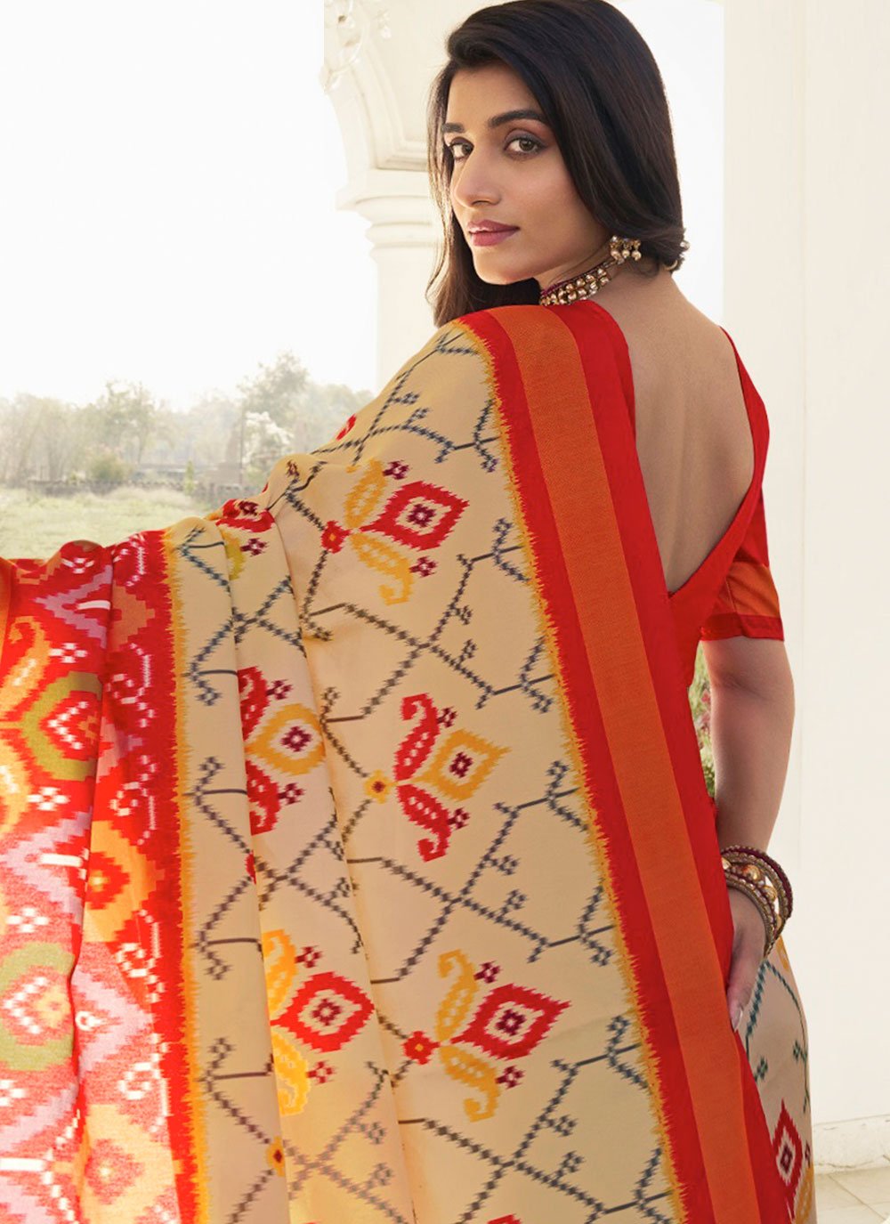 Classic Silk Cream Orange Digital Print Saree