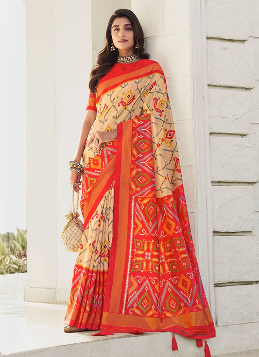 Classic Silk Cream Orange Digital Print Saree