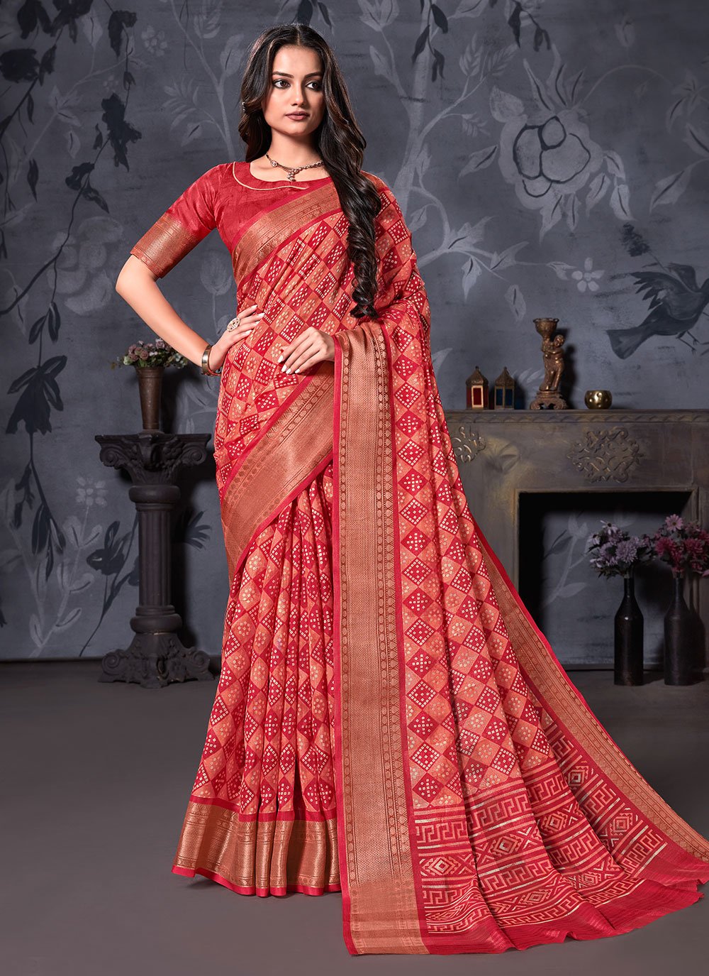 Designer Cotton Linen Orange Digital Print Saree