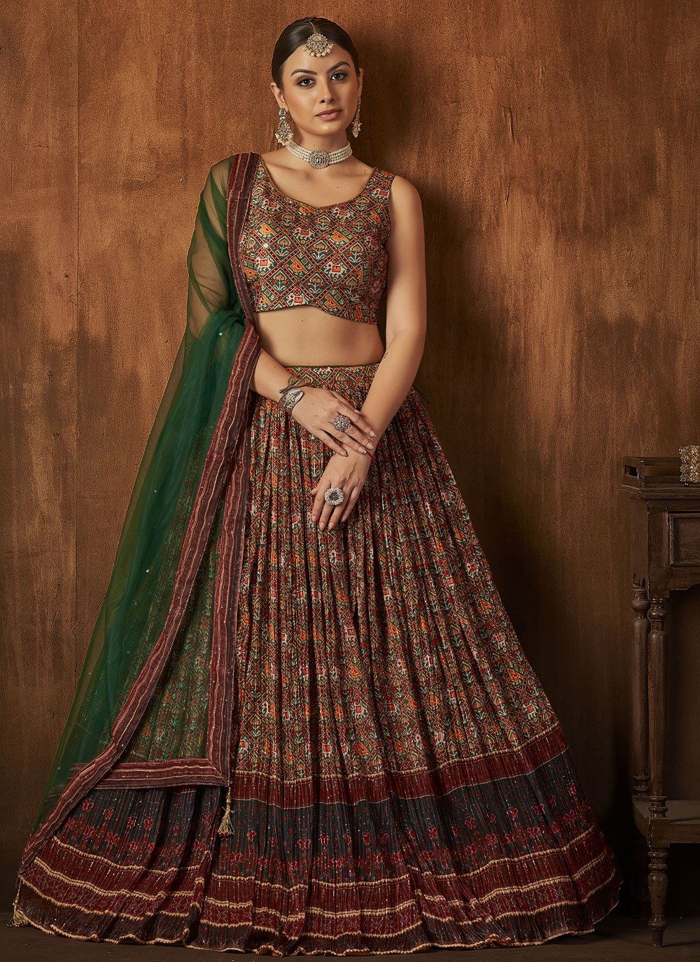 Readymade Lehenga Choli Crush Georgette Brown Digital Print Lehenga Choli