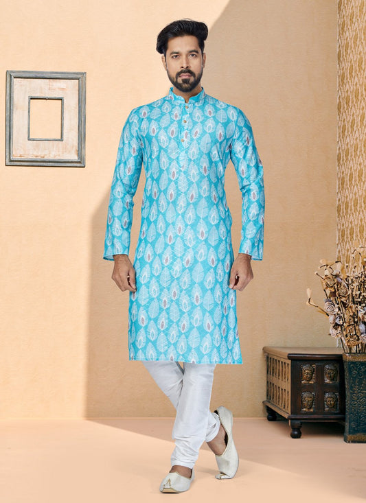 Kurta Pyjama Fancy Fabric Multi Colour Turquoise Digital Print Mens