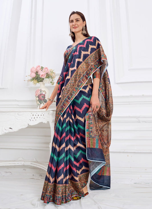 Contemporary Faux Crepe Blue Digital Print Saree