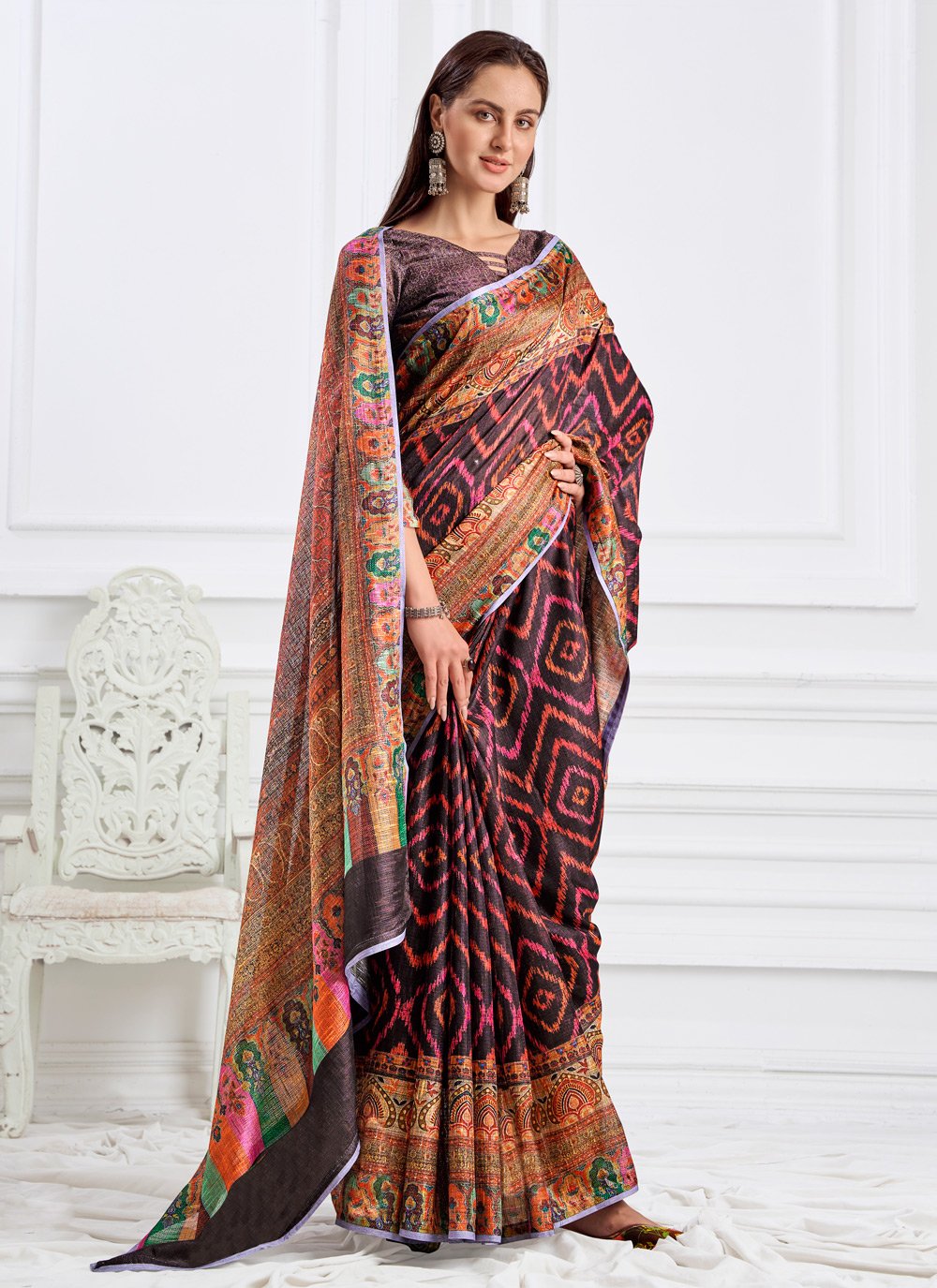 Contemporary Faux Crepe Multi Colour Digital Print Saree