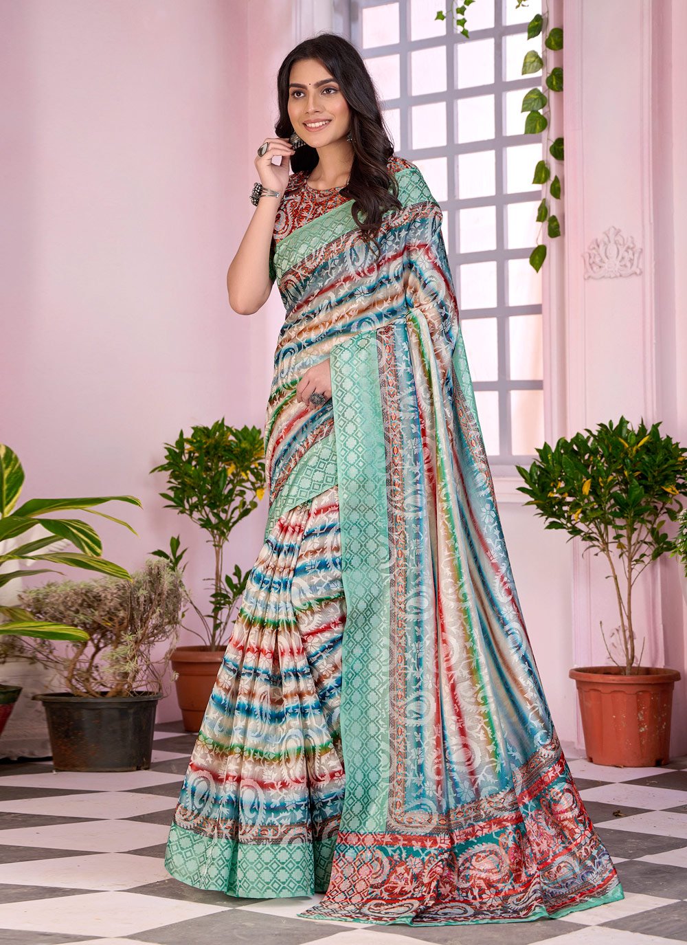 Contemporary Faux Crepe Multi Colour Digital Print Saree