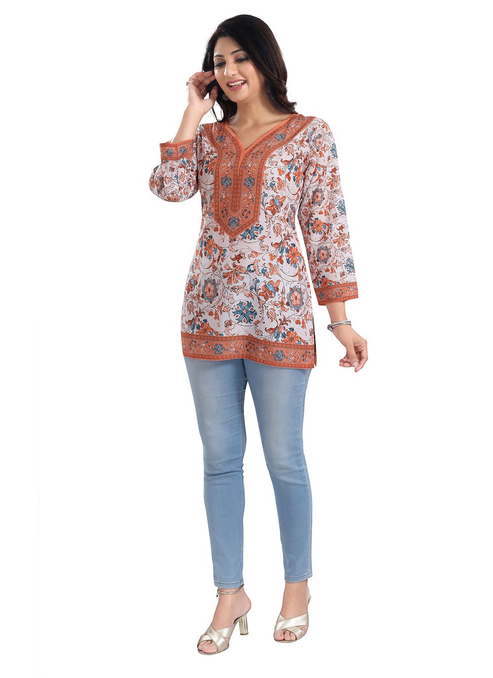 Designer Kurti Faux Crepe Off White Digital Print Kurtis