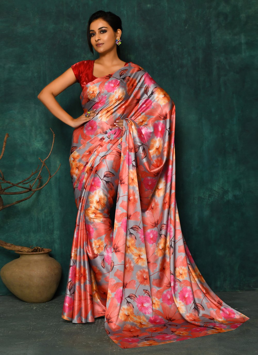 Designer Satin Multi Colour Digital Print Saree